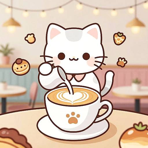 Kawaii Cat Pouring Latte Art in Cozy Café