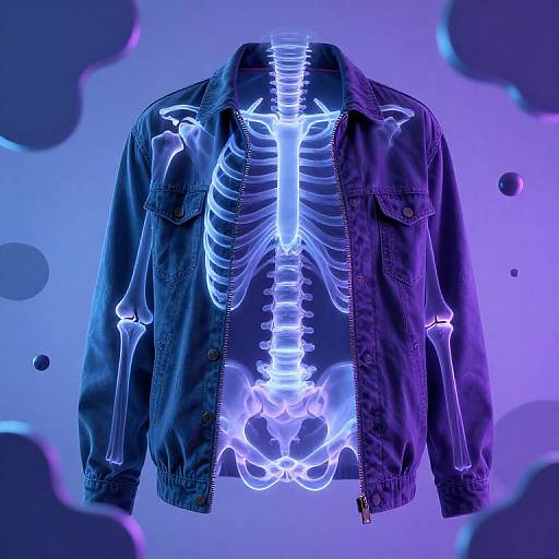 Photorealistic digital art: glowing blue skeletal outline on a dark blue denim jacket, with purple and blue background and floating shapes.