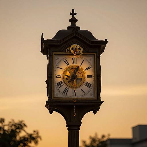 Photograph of a vintage, ornate clock tower with gold gears and Roman numerals, silhouetted against a warm sunset sky.
