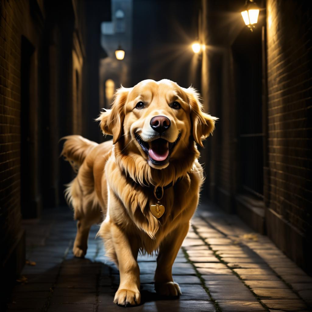 Playful Golden Retriever in Moody Alley