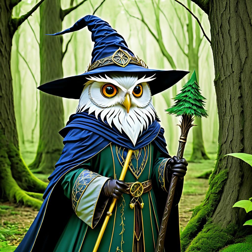 Whimsical Owl Mage Hidden in Forest