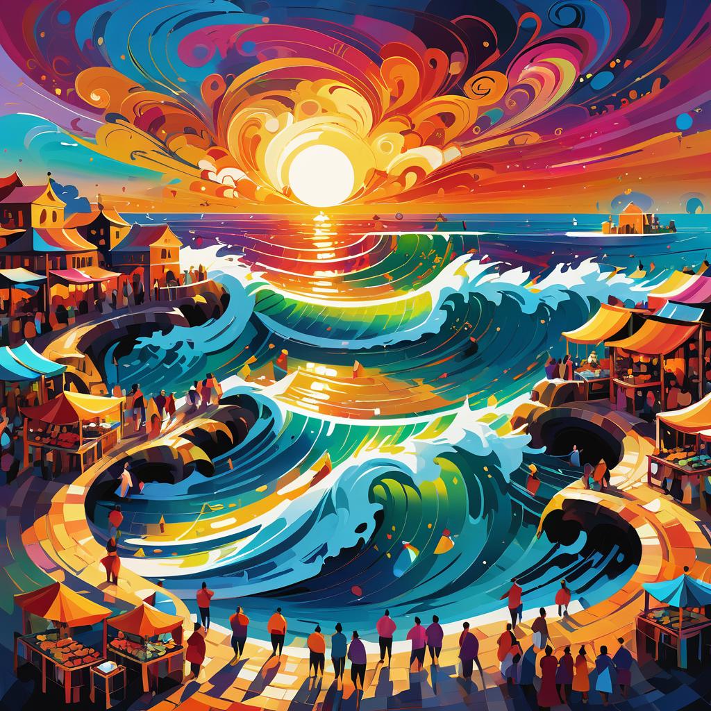 Vibrant Surreal Market Under Swirling Skies