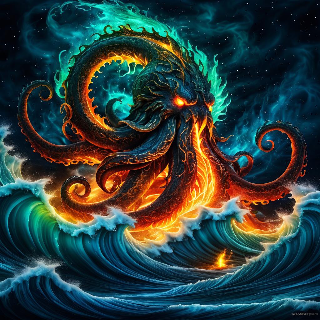 Vivid Kraken in Fiery Ocean Storm