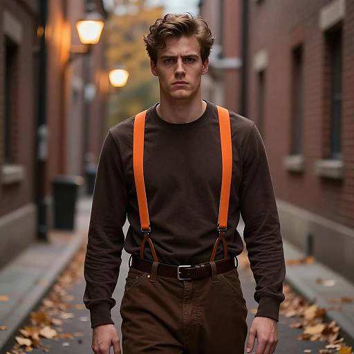 Young Man in Orange Suspenders Standing in Alley