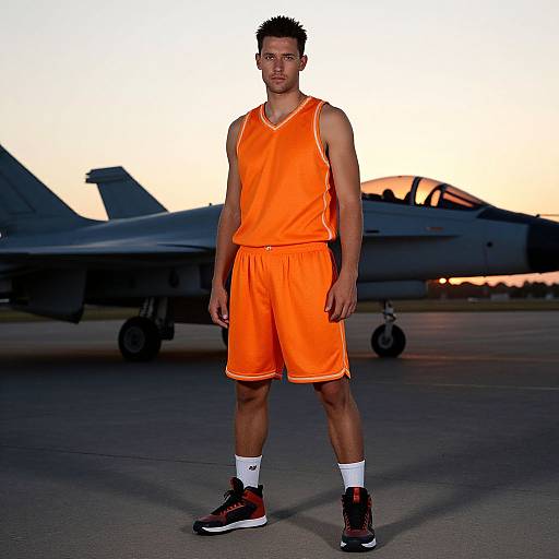 Photograph of a young black man with short, spiky hair wearing an orange basketball uniform and black sneakers, standing in front of a military jet on