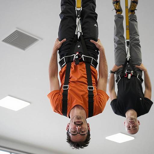 Two Men Hanging Upside Down in Harnesses Indoors