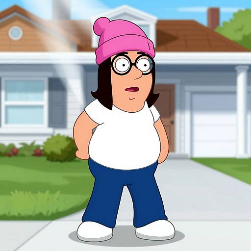 Cartoon-style drawing of a chubby man with black hair, wearing a pink beanie, black glasses, white shirt, blue pants, and white shoes