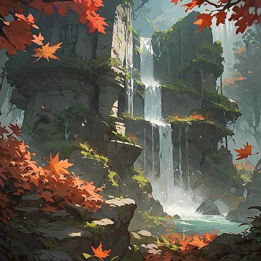 Fantasy Ruins Waterfall in Autumn Forest