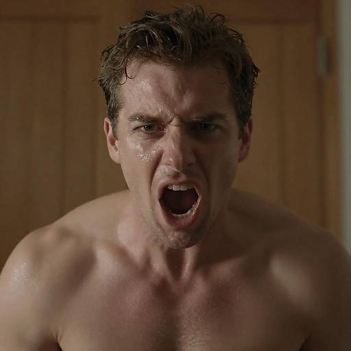 Intense Shirtless Man With Wet Skin