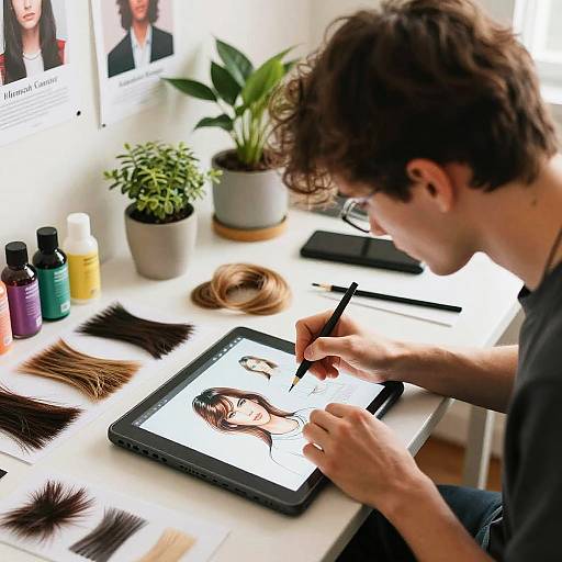 Photograph of a young man with curly brown hair, drawing on a tablet in a bright room, surrounded by hair samples and beauty products.