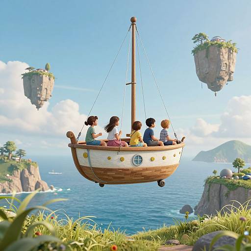 Photorealistic CGI: Five children in a wooden, sail-like boat float above a vibrant, island-studded ocean with floating cliffs and a bright blue