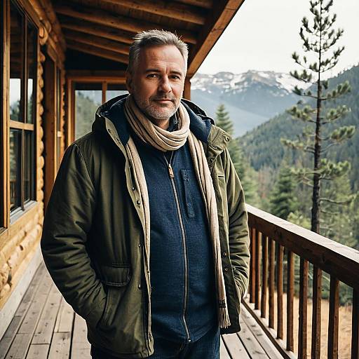 Middle-aged Man on Mountain Cabin Porch