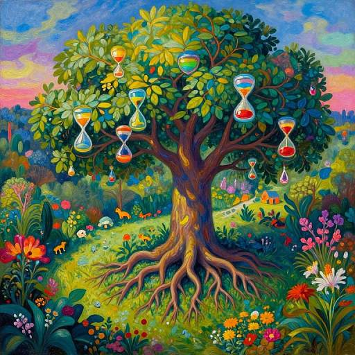 Surreal Aerial Tree in Kaleidoscopic Garden