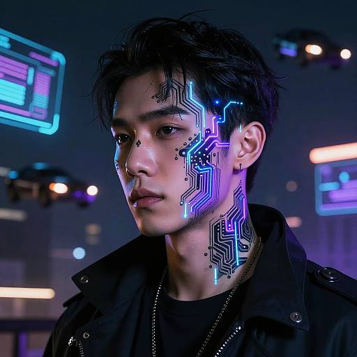 Cyberpunk portrait of young Asian man with glowing blue and purple circuit patterns on face, dark hair, black jacket, neon-lit futuristic city background