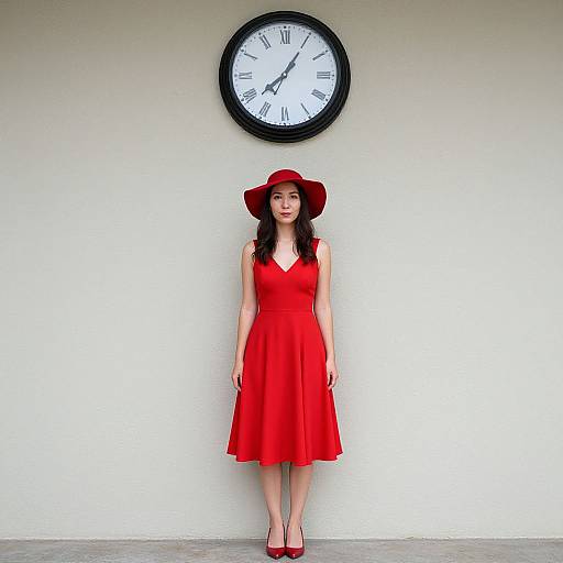 Photograph of a young woman in a vibrant red dress and matching hat, standing against a white wall with a black clock above her.