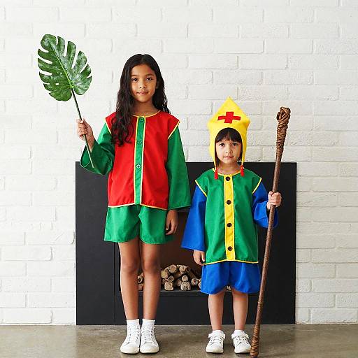 Photograph of two children in colorful costumes; one holds a large green leaf, the other has a staff, standing against a white brick wall.