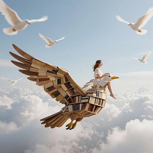 Digital art: Woman in white dress rides book-wingsed white bird amidst flying white doves, clear blue sky with fluffy clouds.