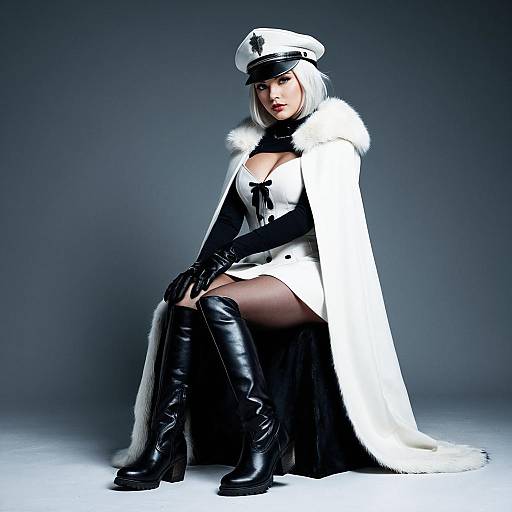 Photograph of a pale-skinned woman in white fur-trimmed cape, black military-style hat, black gloves, and boots, seated against dark