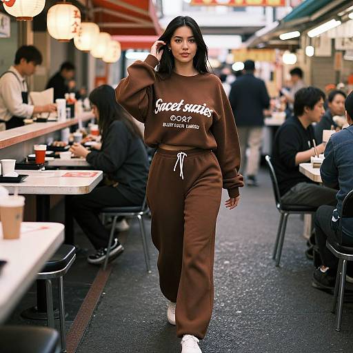 Photograph of a young woman with long black hair, wearing a brown sweatshirt and pants, walking confidently through a busy urban street food market with warm