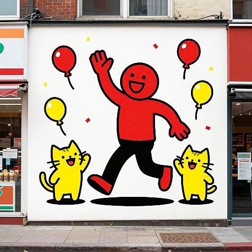 Vibrant street mural of a red, smiling, faceless figure with black pants, red shoes, and yellow cats, holding red and yellow balloons