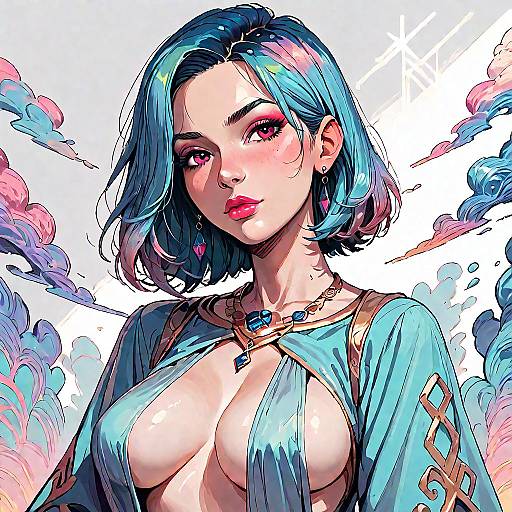 Anime Style Blue-haired Woman with Detailed Background