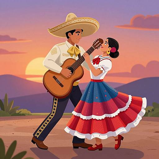Digital illustration of a Mexican couple dancing at sunset; he plays guitar, she wears a traditional dress, both smile, mountains and sky in background.
