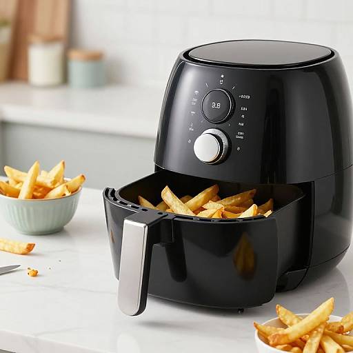 Photograph of a modern, black, digital toaster oven with open door, filled with golden French fries, on a white countertop.