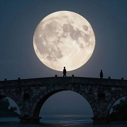 Silhouetted figures on stone bridge, large full moon behind, dark blue sky, calm water below, photograph, moonlit night, tranquil scene