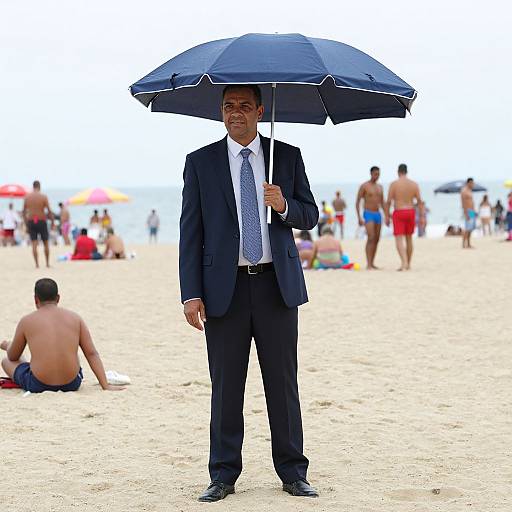 Photograph of a suited man with gray hair, holding a blue umbrella, standing on a sandy beach with sunbathers and beachgoers in the