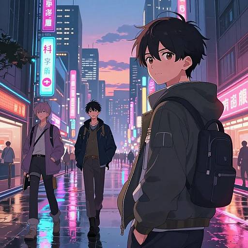 Anime-style digital artwork of three young men walking in a neon-lit, rainy urban street at dusk, surrounded by glowing signs.