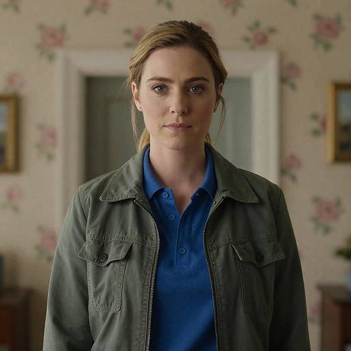 Photograph of a serious, blonde, blue-eyed woman with fair skin, wearing a green jacket over a blue shirt, standing in a floral-patterned