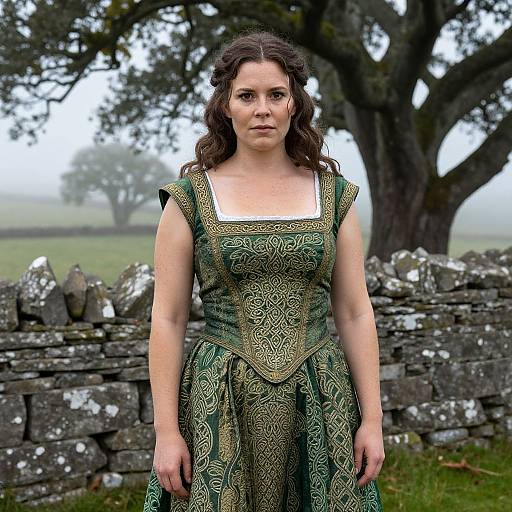 Photograph of a fair-skinned woman with curly brown hair, wearing a green, intricately patterned Renaissance-style dress, standing in front of a
