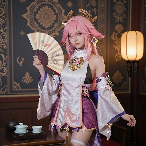 Pink-Haired Anime Cosplayer in Traditional Outfit