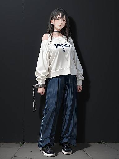 Photograph of a young woman with long black hair, wearing a white off-shoulder sweatshirt, 