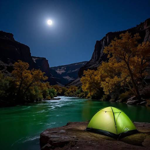 Photograph of a glowing green camping tent on a rocky riverbank under a bright full moon, surrounded by autumn trees and towering dark cliffs.