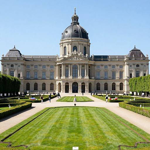 Photograph of a grand, neoclassical palace with a large dome, symmetrical windows, and manicured gardens leading to the entrance.