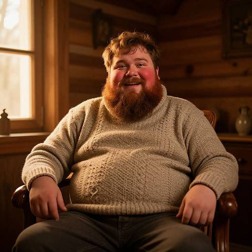 Photograph of a smiling, chubby man with a red beard, wearing a beige knitted sweater, sitting in a wooden cabin. Warm sunlight filters through