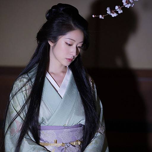 Photograph of a serene Asian woman with long black hair, wearing a light green kimono, and a lavender obi, softly lit with a dark