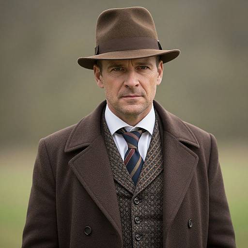 Photograph of a middle-aged man with a serious expression, wearing a brown fedora, dark brown overcoat, patterned vest, white shirt,