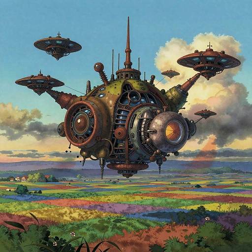 Digital art: Steampunk airship with four hovering disks, detailed gears, and circular engines, flying over a colorful, vibrant countryside landscape.
