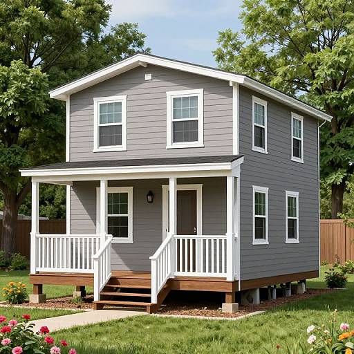 Photograph of a two-story, grey, clapboard house with white trim, front porch, and white railings, surrounded by lush greenery and