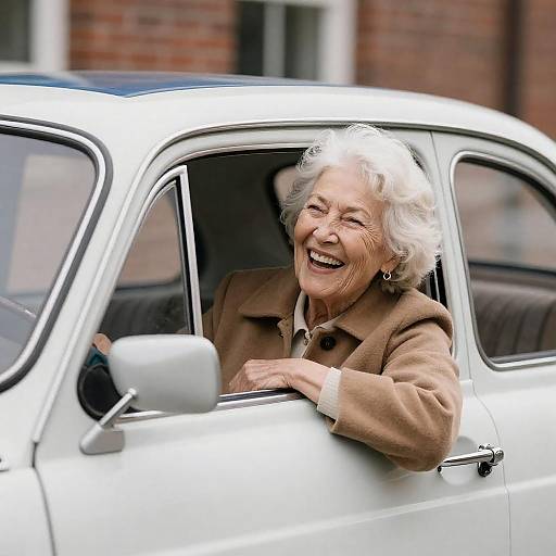 Elderly Woman Laughing in Vintage Car