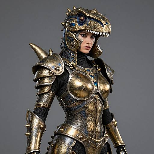Photorealistic CGI of a fierce woman in gold, spiked, dinosaur helmet armor with blue accents, standing against a gray background.
