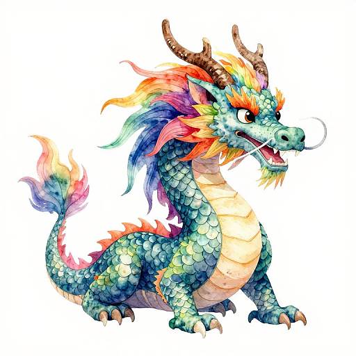 Vibrant digital illustration of a colorful, dragon-like creature with blue scales, rainbow mane, horns, and fierce expression, set against a white background
