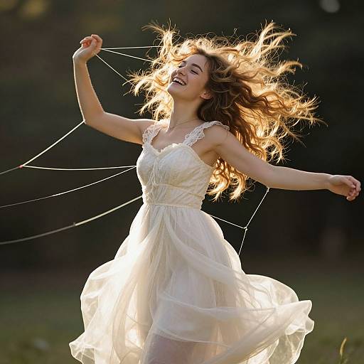 Photograph of a joyful young woman with long, flowing brown hair, wearing a white lace dress, laughing and spinning in sunlight, with strings trailing from