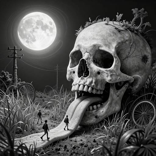 Digital artwork: Giant, detailed skull with tongue, surrounded by grass, tiny people walking, full moon illuminating, power lines in background. Monoch