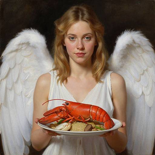 Photograph-style digital artwork of a blonde, angelic woman with white wings holding a plate with a red lobster and vegetables.