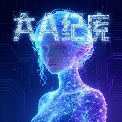 Digital CGI image of a glowing, blue neon outline of a woman with 