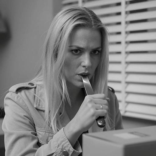 Blonde woman holding knife close to mouth in black and white