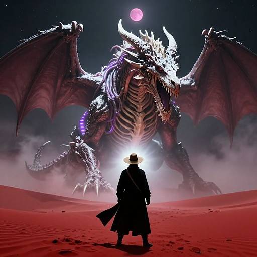 Digital art: Silhouetted figure in long coat faces massive, glowing, ice-encrusted dragon with wings spread, under a full moon